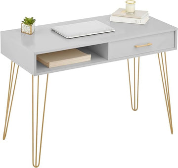 mDesign Metal/Wood Modern Computer Desk - Minimalist Desk and Computer Table with Drawer - Simple Desk with Storage Cubby and Hairpin Legs - Small Work Desk for Home Office, Study - Gray/Soft Brass