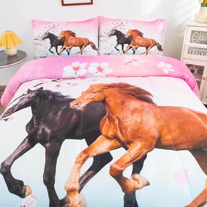 Feelyou Kids Horse Bedding Set for Girls Queen Size Chic Cherry Blossom Comforter Set for Horse Lover Gift Galloping Horse Printed Comforter 3D Wild Animal Duvet Set Bedroom Decor Quilt Set 3Pcs