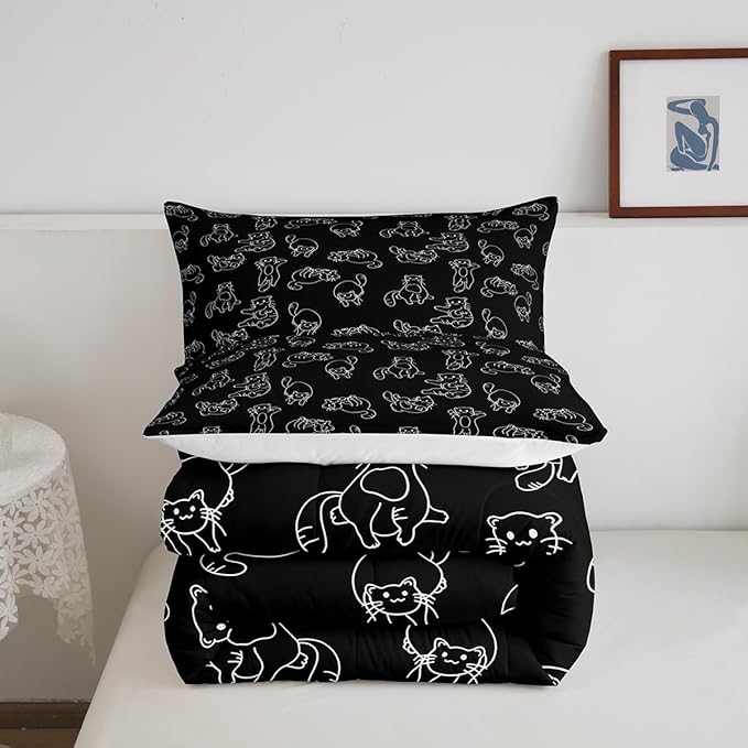 Feelyou Cartoon Cat Comforter Cute Pet Cats Kids Comforter Set Animal Pattern Printed Bedding Set for Boys Room Decor Kitten Print Duvet Set King Size with 2 Pillow Case