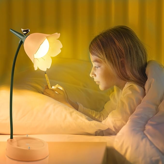 Himmel Flower Desk Lamp, Dimmable LED Kid Desk Lamp with 3 Colour Temperatures,Cordless Rechargeable Desk Lamp with Touch Sensor and Flexible Arm, USB Bedside Lamp for Reading, Learning