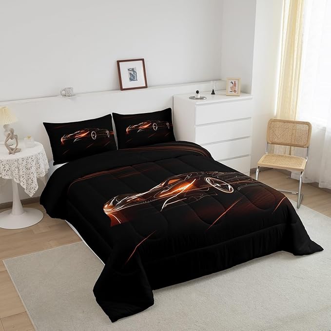 Feelyou Orange Race Car Bedding Set Queen Size for Kids Boys Extreme Sport Games Comforter Set Teens Toddler Fast and Furious Duvet Set Cool Modern Quilt Set 3Pcs