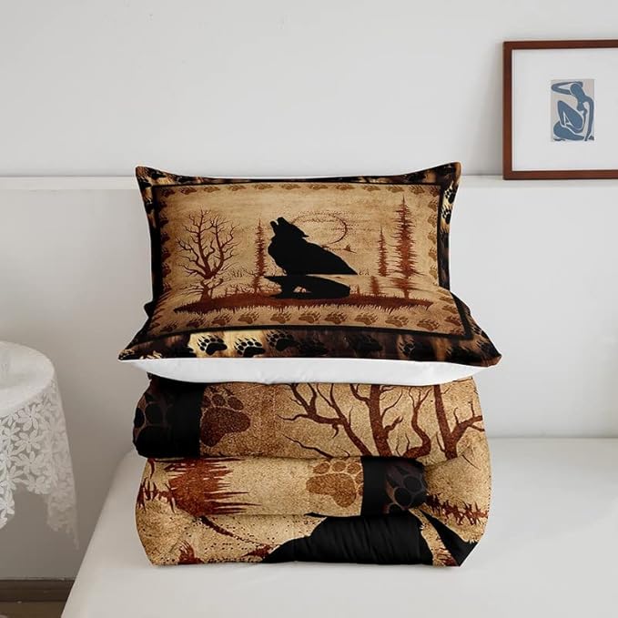 Feelyou Cute Wolf Comforter Set for Girls Boys Kids Wolves Howling Bedding Set Room Decorative Animal Wolves Tree Pattern Bedding Set Exotic Style Brown Black Duvet Set Queen Size 3Pcs Quilt Set