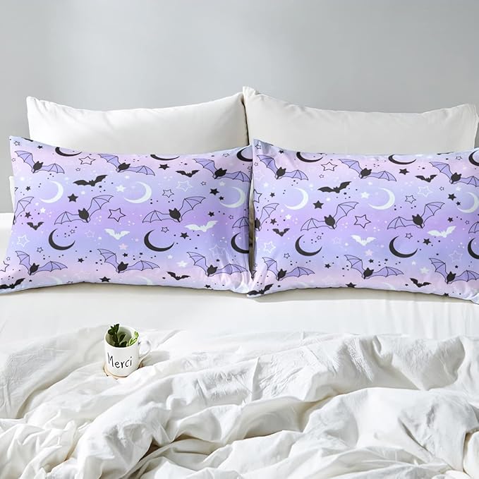 Feelyou Halloween Comforter Rainbow Comforter Set for Boys Girls Children Bat Moon Star Print Bedding Set Halloween Theme Purple Gradient Style Room Decor King Size Duvet Set 3Pcs