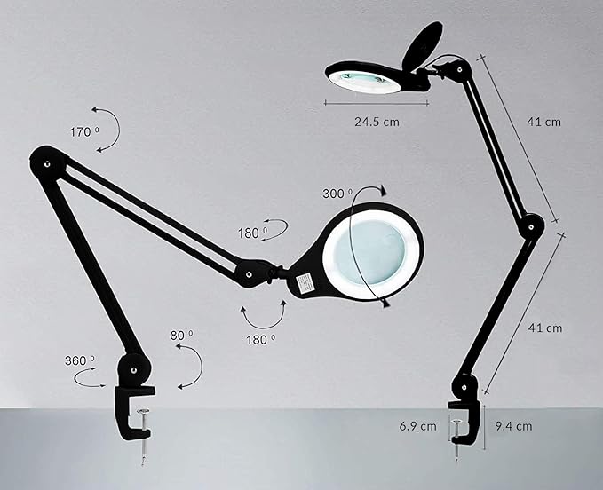 Neatfi (New Model) Bifocals 1,200 Lumens Super LED Magnifying Lamp with Clamp, 5D + 20D, Dimmable, 60 Pcs SMD LED, 5 Inches Diameter Lens, Adjustable Arm (5 Diopter + 20 Diopter, Black)