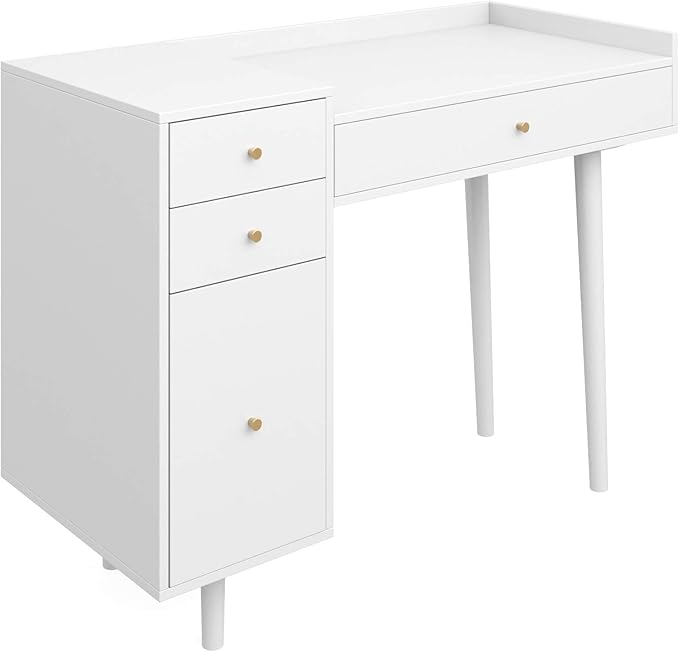 Nathan James Daisy Vanity Dressing Table or Makeup Desk with 4-Drawers and Brass Accent Knobs, White Wood