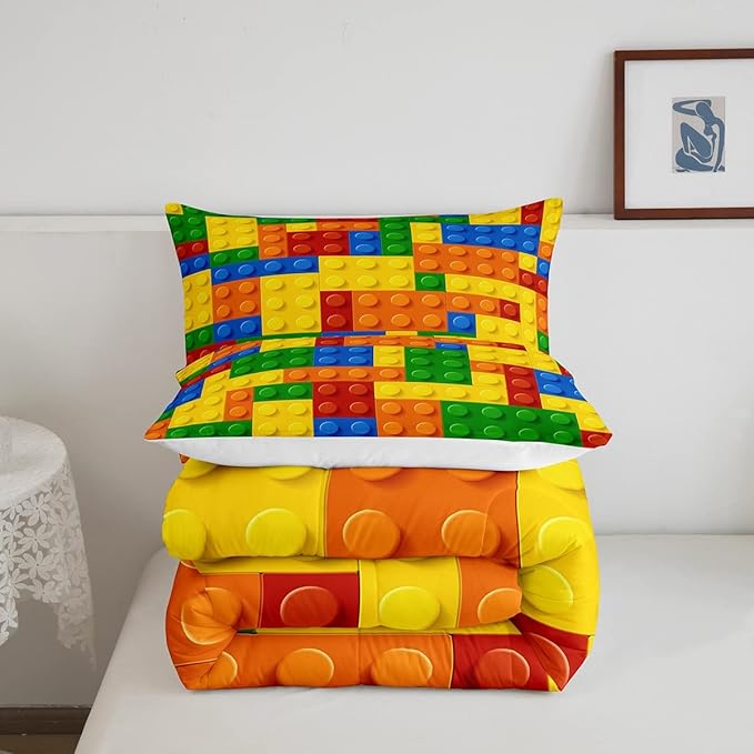 Feelyou Games Comforter Set Queen Building Blocks Bedding Set for Kids Boys Girls Colorful Geometric Toy Brick Comforter Gaming Nursery Quilt Duvet Set with 2 Pillowcase Boys