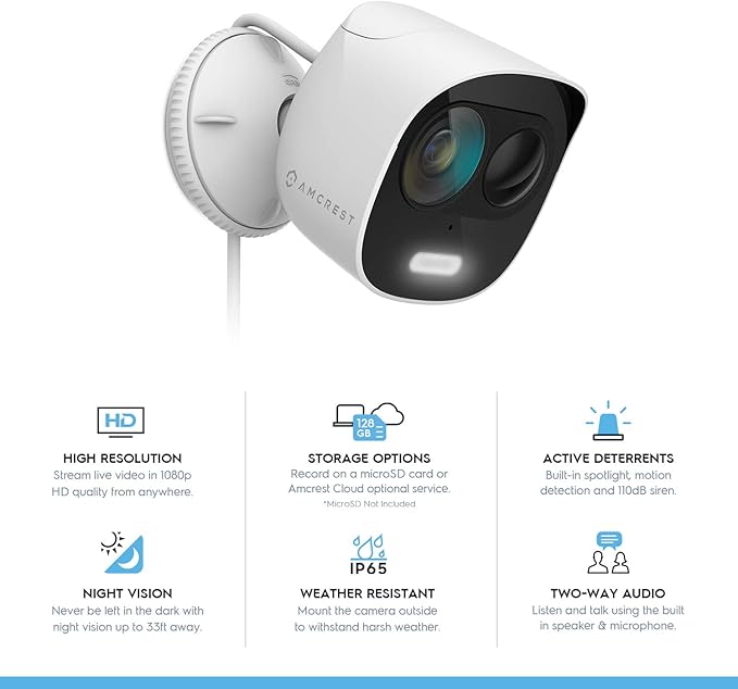 Amcrest SmartHome 1080p WiFi Outdoor Security Camera with Spotlight, Built-in Siren Alarm, Strobe Light, Two-Way Audio, Night Vision, 133° View, IP65 Weatherproof, MicroSD & Smart Cloud Storage, ADC2W