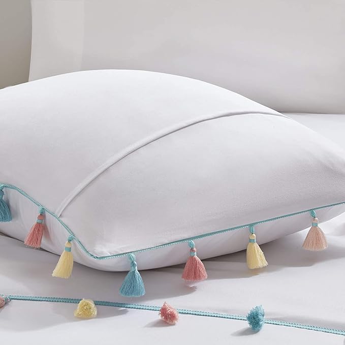 Mi Zone Kids Tessa Cozy Comforter Set, Colorful Fun Design All Season Children Bedding Girls Bedroom Décor, Full/Queen, White with Colorful Tassel 4 Piece