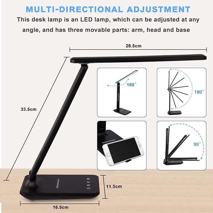 LED Desk Lamp, Dimmable Eye-Protecting Table Lamps with Night Light, USB Charging Port, 4 Color Temperature Modes, 5 Brightness Levels, 1H Timer, Touch Control for Home Office Bedroom (Black)