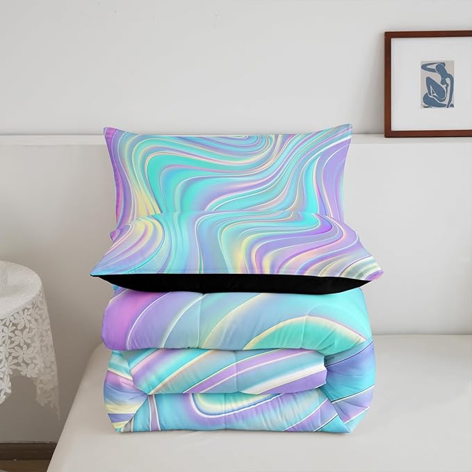 Pastel Rainbow Comforter Set with Pillowcases Abstract Wave Stripes 3D Printed Designs 3 Piece Bedroom Duvet Set Psychedelic Girl Bed Down Comforter for Kids Women Dorm Room (Full,Coulourful Marble)