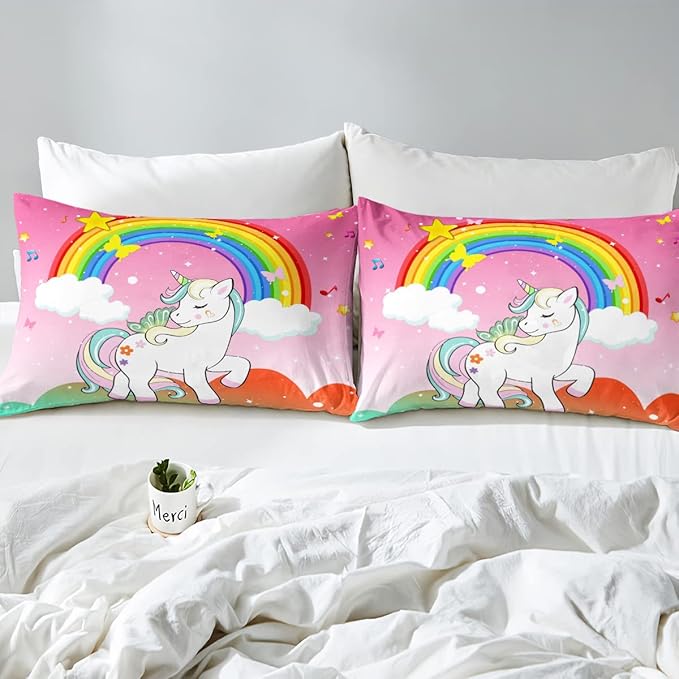 Kids Unicorn Bedding Sets King Girls Stars Glittery Comforter Cute Unicorn Quilt Kawaii Cartoon Unicorn Animal Comforter Inner Fill White Unicorn Reversible Bedding Sets & Collections,Orange Green