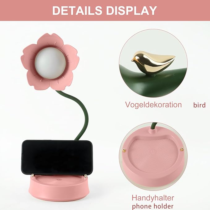 Himmel Flower Desk Lamp, Dimmable LED Kid Desk Lamp with 3 Colour Temperatures, Cordless Rechargeable Desk Lamp with Touch Sensor and Flexible Arm, USB Bedside Lamp for Reading, Learning