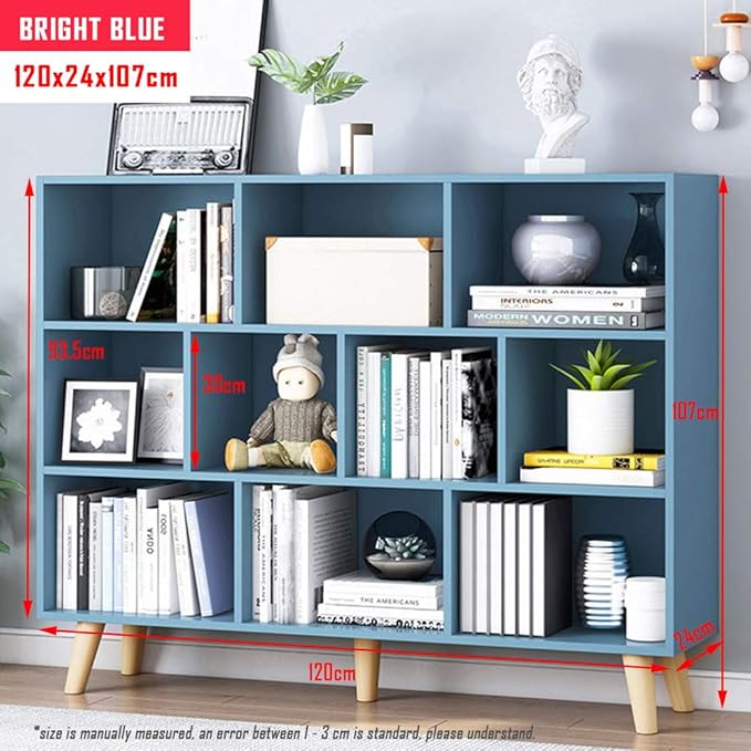 IOTXY Wooden Open Shelf Bookcase - 3-Tier Floor Standing Display Cabinet Rack with Legs, 10 Cubes Bookshelf, Bright Blue