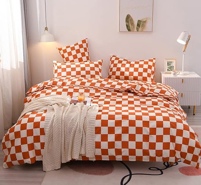Orange White Grid Comforter Set Twin Burnt Orange Plaid Bedding Set Girls Reddish and White Checkered Bed Comforter Set Breathable Blanket Set Kids Durable Bedding Comforter Set