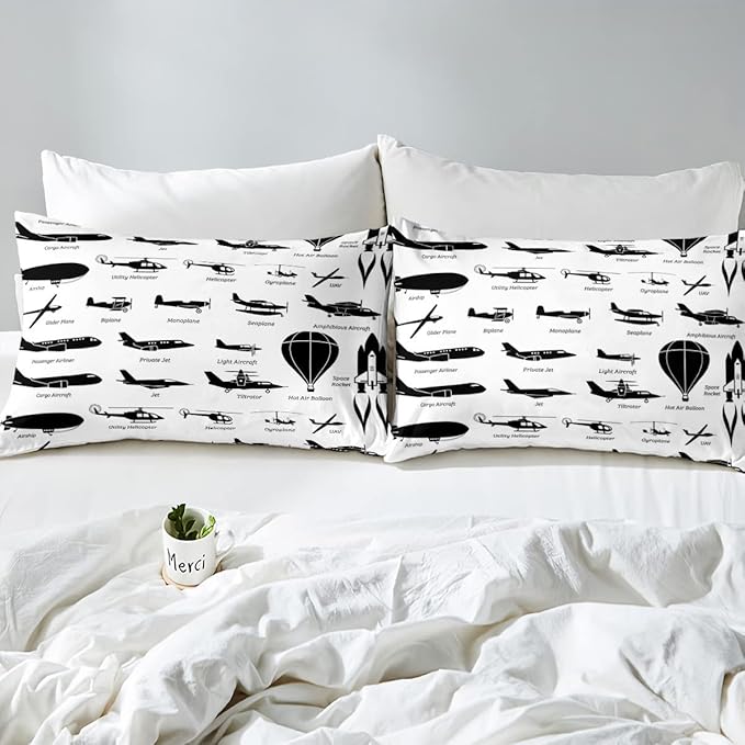 Erosebridal Airplane Comforter Set Twin,Black White Airplanes Bedding Set Space Rocket Aircraft Down Comforter for Boys Kids Teens Room Decor,Helicopter Biplane Quilt Duvet Sets with 1 Pillow Case