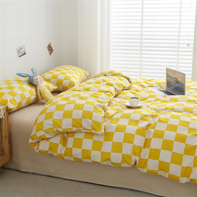 Wellboo Yellow and White Comforter Sets California King Women Men Bright Yellow Checkerboard Grid Bedding Comforters Cotton Modern Yellow Checkered Geometric Quilts Cal King Luxury Elegant Yellow Bed