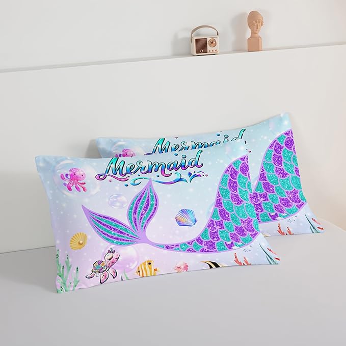 HOSIMA Mermaid Tail Comforter Set for Kids Girls Teens Bedroom Decor,Cartoon Scallop Sea Turtle Sea Horses Octopus Kawaii Bedding Set Mermaid Fish Scale Comforter,Ocean Full Size Bed in a Bag Set.
