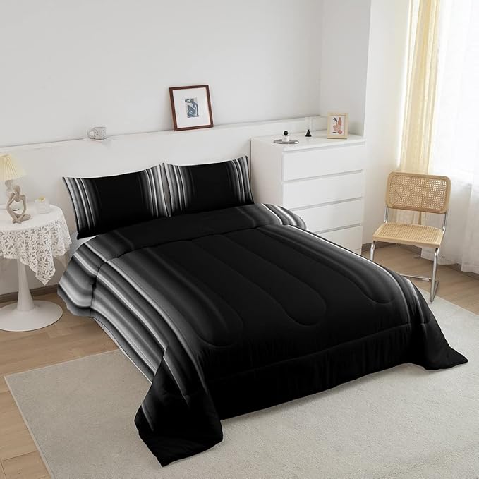 Feelyou Geometric Abstract Ombre Bedding Set Men Adults Teens Grey Gray Black Striped Comforter Set Kids Boys Girls Simple Modern Quiltwith 2 Pillowcases 3Pcs Bedding King Boys