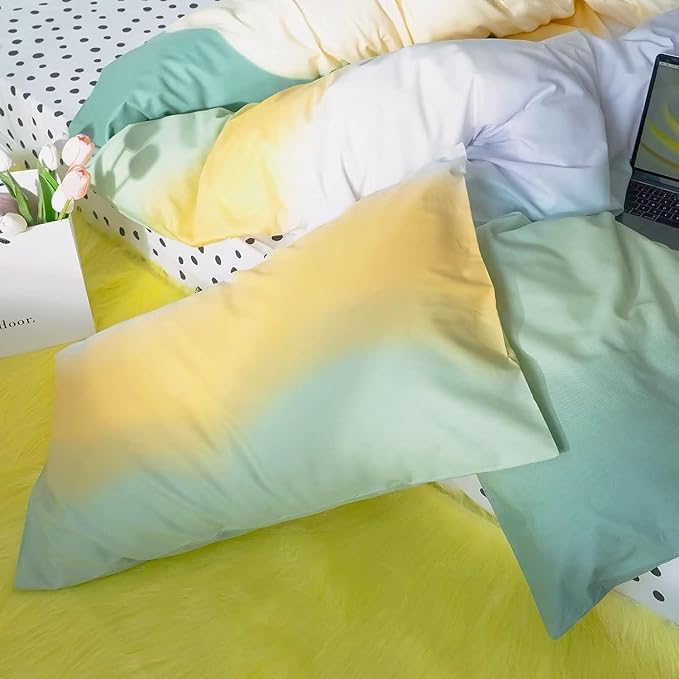 Green Gradient Comforter Set Twin Sage Green and Yellow Rainbow Bedding Comforter Set Multicolor Yellow Light Green Bedding Set Cotton Blanket Quilts Rainbow Color Comforter Set for Twin Bed