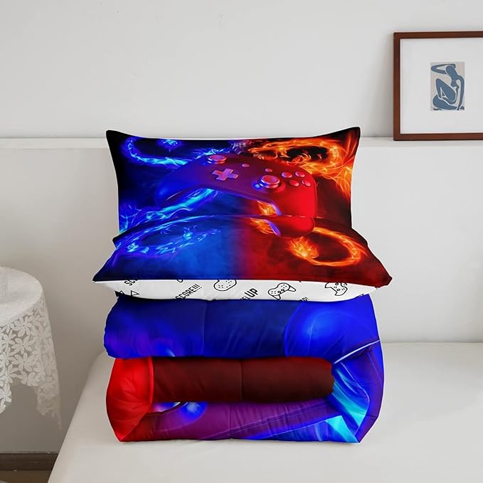 Ice Fire Dragon Comforter Set for Boys Teens Kids Gamer Games Room Decor Bedding Set Blue Red Gaming Gamepad Down Comforter ,Fairy Tale Animals Theme Room Decor 2Pcs Duvet Insert Twin Size,Soft
