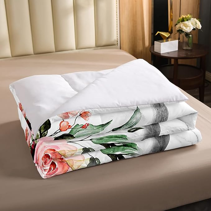 Erosebridal Highland Cow Flower Comforter Set King Size Bull Cattle Bedding Set Western Funny Animal Bedding Set Wildlife Farmhouse Cow Quilt Set Rose Grey Marble Comforter Set