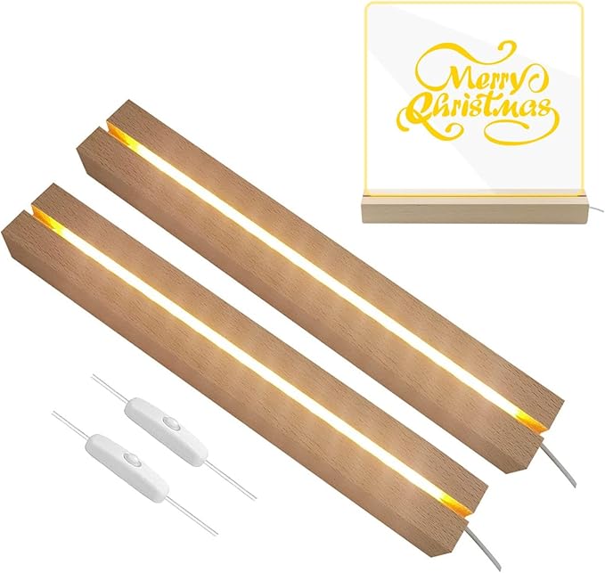 LED Light Display Base, 2 pcs 11.81 Inch Wooden LED Light Base for Acrylic, Rectangle Wood Display Pedestal, 3D Crystal Light Base For Glass Art, Wood Night LED Light Lamp Base with Usb Switch