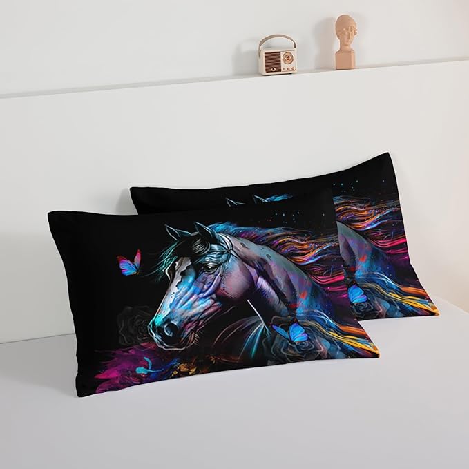 HOSIMA 3 Pieces Art Horse Comforter Set with 2 Pillowcases,Wildlife Horse Butterfly Black Comforter Boys Teens Aesthetic Room Decor,Animal Bedding Full Size Bed in a Bag Sets for adults.