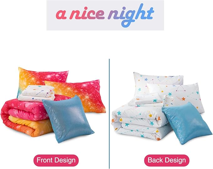 A Nice Night Gradient Glitter 6Pcs Bed in A Bag Bedding Set for Girls Full Size, Colorful Rainbow Galaxy Comforter Set, Ultra Soft Bedding Sets, YellowBlue