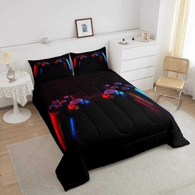 Gamer Comforter Set for Boys Girls Man Gaming Bedding Set,Black Gamepad Home Decor Player Video Game Duvet Insert Teens Kids 2 Pieces 1 Down Comforter with 1 Pieces Pillowcase(Twin Size,All Season)