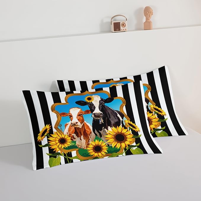 HOSIMA Animal Theme Bedding Set Bull and Cow Comforter with 2 Pillowcases,Black and White Stripes Twin Bed in a Bag Sets for Adults Teens Kids,Sunflower Print Western Bedding Sets.