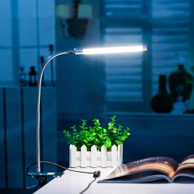Meichoon Desk Lamp with Clamp Flexible Metal Hose Desktop Clip-On LED Illuminating Light Eye-Caring Table Lamp for Bedroom Bedside Office Study Work Reading Embroidery UK10 White