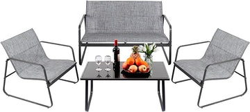 4 Piece Patio Outdoor Furniture Set with Strong Powder Coated Metal Frame One Love Seat, Two Single Chairs and one Table for Porch, Balcony, Backyad, Patio Conversation Set (Grey)