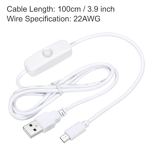 MECCANIXITY USB Cable with 501 ON/Off Switch, USB Male to Micro USB Male Power Cable 100cm for Digital Equipment LED Desk Lamp LED Strip White