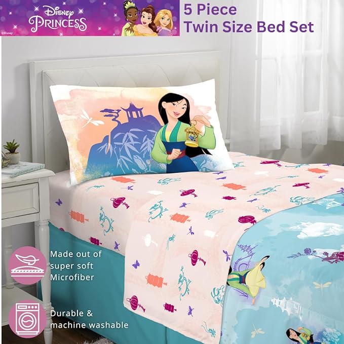 Franco Disney Princess Mulan Kids Bedding Super Soft Microfiber Comforter and Sheet Set, 4 Piece Twin Size, (Official Licensed Product)