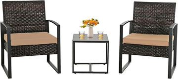 3 Pieces Patio Furniture Set, Outdoor Patio Set, Patio Bistro Set, All-Weather Wicker Conversation Set with Cushions Table for Porch Backyard (Brown-Brown)