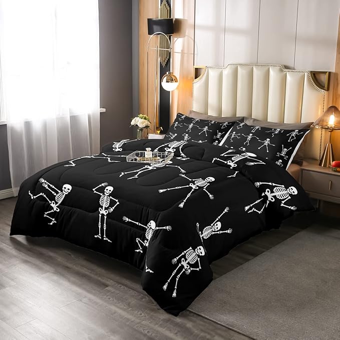 Erosebridal Sugar Skull Comforter Set Full Size Skeleton Bones Bedding Set for Kids Boys Girls Teens Adult Halloween Horror Theme Down Comforter Gothic Spooky Duvet Sets with 2 Pillow Cases