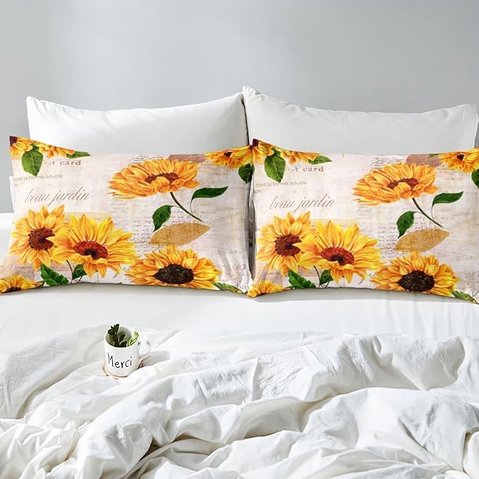 Girls Yellow Floral Bedding Sets Queen Countryside Sunflowers Comforter For Girls Women Flower Plants Duvet Set Old Letters Style Bedding Farm Garden Sunflower Print Quilted Duvet Bedroom Decor, 3Pcs