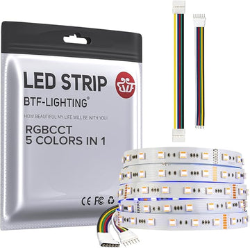 BTF-LIGHTING RGBCCT 5 Colors in 1 LED 5050SMD RGBWW RGB+Dimmable Tunable Color Temperature 2700K-6500K 16.4ft 60LEDs/m 300LEDs DC24V Multi-Colored Tape Lights IP30 White PCB(No Adapter or Controller)