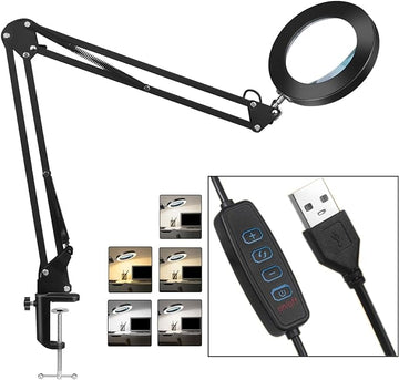 5X Magnifying Glass with Light and Stand, Real Glass Desk Lamp & Clamp, Craft Light Lamp with 3 Color Modes, LED Lighted Magnifier with Light for Hobby Reading Crafts Repair Close Works(Black)