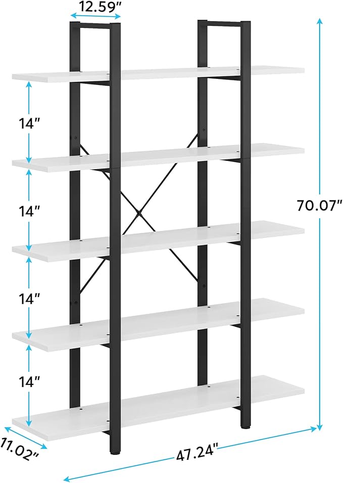 Tribesigns 5-Tier Bookshelf, Vintage Industrial Style Bookcase 72 H x 12 W x 47L Inches, White
