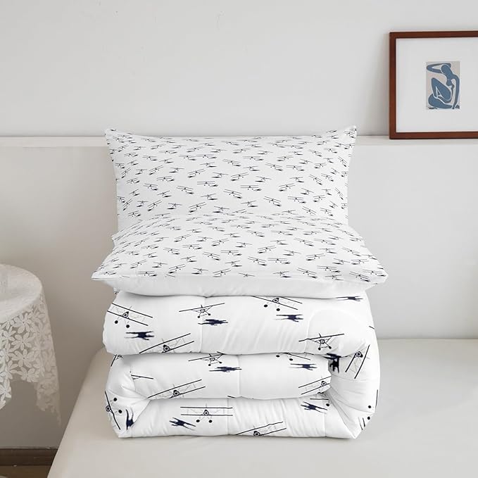 Airplane Bedding Set Full Size Flight Comforter Set for Kids Boys Girls Decor Vintage Aircraft Comforter Helicopter Flying Plane Blue and White Duvet Set Bedroom Quilt Set