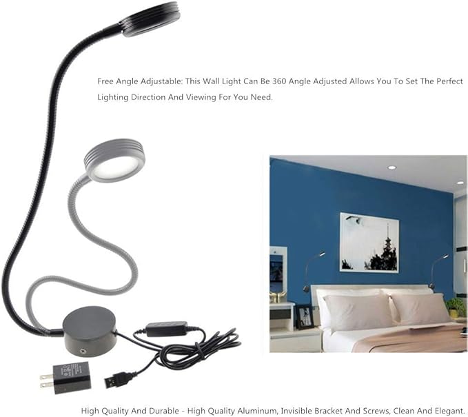 2 Pack Wall Mounted Dimmable Reading Gooseneck LED Light Bedside Headboard, Surface Mount Lamp 360degree flexible neck 3 colors 10 Level Brightness (Wall Mounted)