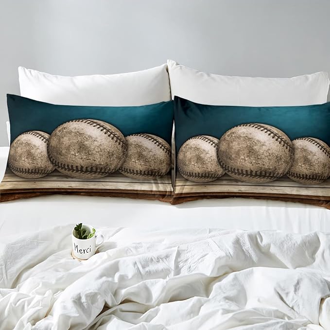 Erosebridal Teens Baseball Comforter Set Queen,Kids Retro Grunge Baseball Bedding Set for Boys Bedroom,Sports Games Bedding Comforter Set Teal Vintage Wooden Board Quilt Duvet Sets 2 Pillow Cases