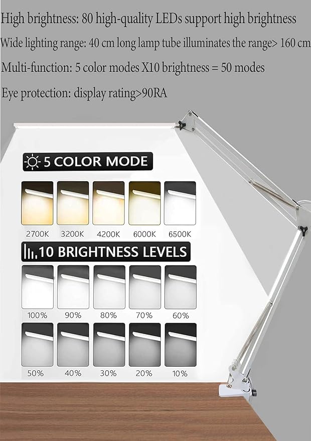 80 LED Desk Lamp(12W, Metal Swing Arm Dimmable Task Lamp, 5 Modes, 10 Brightness Levels,Eye Protection Desk lamp for Reading, Study,Working, Home and Office Lamp 1100 lumens,USB Adapter