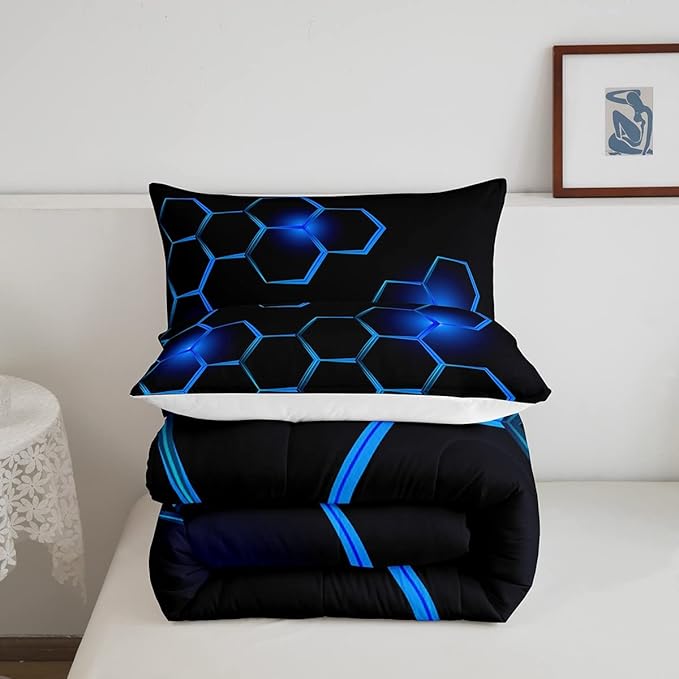 Honeycomb Kids Comforter Set Modern Geometry Hexagon Bedding Set for Boys Children Teens Bedroom Decor Geometrical Comforter Beehive Geometric Black Blue Duvet Set Queen Size with 3 Pillow Case