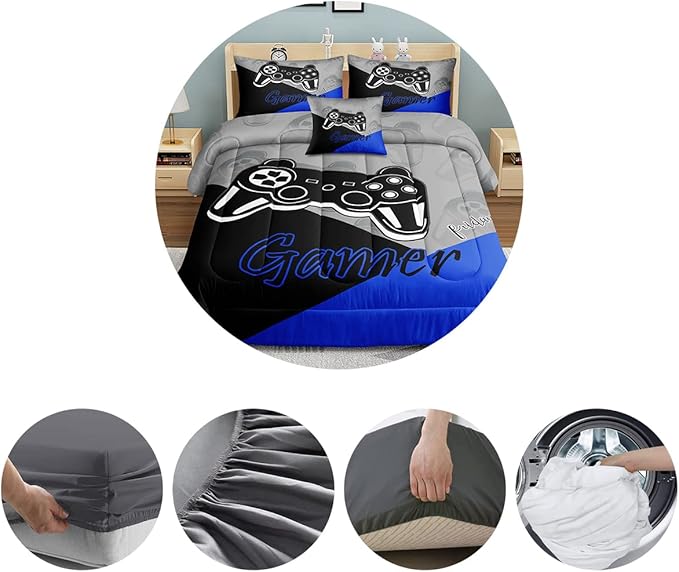6 Pieces Bed in A Bag Gamer Bedding Set for Boys Kids Adult Gaming Comforters Set,Boys Bed in A Bag Set Full Size Comforter with Fitted Shee Flat Sheet Pillowcase pillowsham,DJT5002Full
