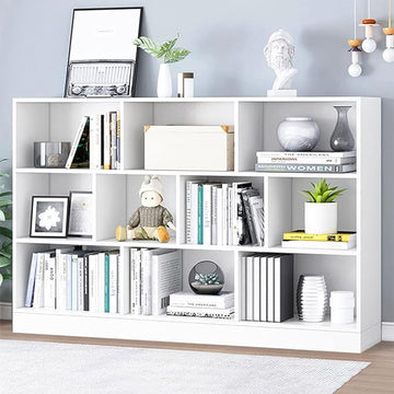 IOTXY Open Shelf Low Bookcase - Wooden 3-Tier Floor Standing Display Cabinet Organizer with Base, 10 Cubes Short Horizontal Bookshelf in Warm White