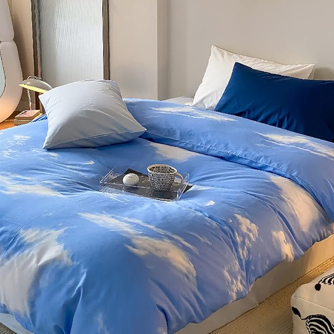 Cotton Blue Cloud Comforter Set Queen Size Sky Blue Comforter Cotton 3 Pieces Soft Light Blue Queen Comforter Bedding Set Women Solid Blue Queen Bed Comforter Set for All Season as Gift