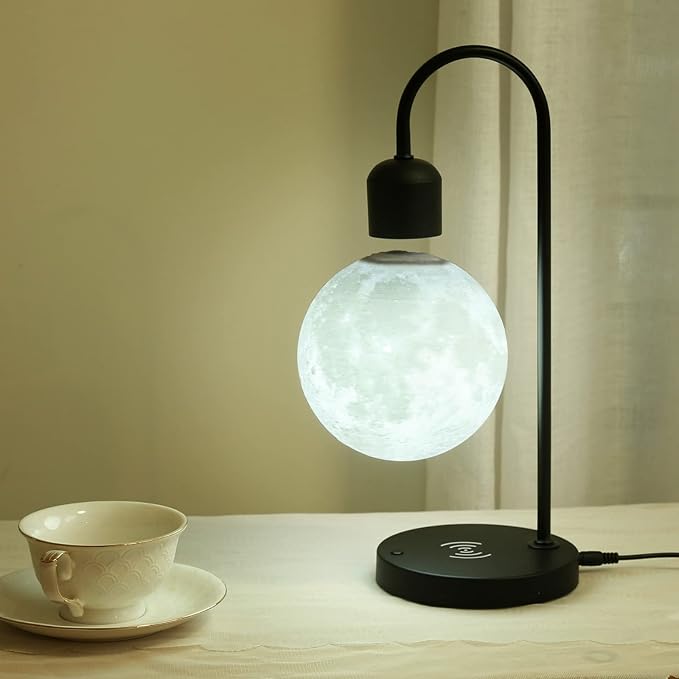Floating Moon Lamp with Wireless Phone Charger & LED Levitating Ball in The Air Freely Unique Magnetic Cloud Desk Lamp with Cool Night Light, Home Office Decor & Gift for Friends Families