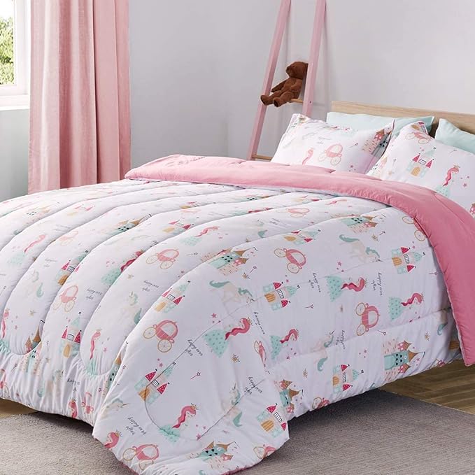 SLEEP ZONE Kids Bedding Comforter Set Full/Queen Size - Super Cute & Soft Kids Bedding 7 Pieces Set with Comforter, Sheet, Pillowcase & Sham (Princess Castle)